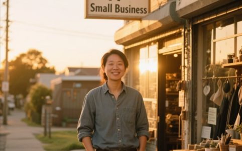 A small business owner smiling while working in a cozy, warm studio, symbolizing purpose and personal connection.