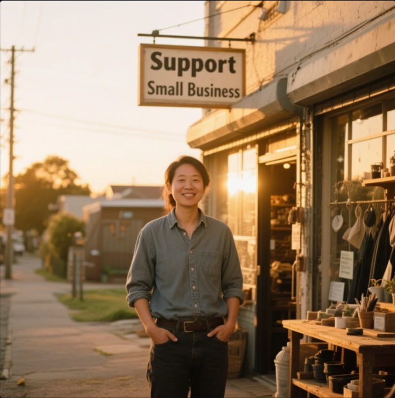 A small business owner smiling while working in a cozy, warm studio, symbolizing purpose and personal connection.