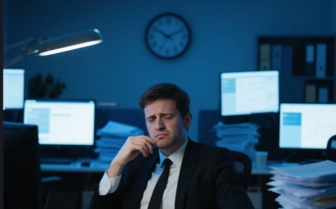 An overworked professional in a cluttered office, symbolizing the toll of hustle culture.