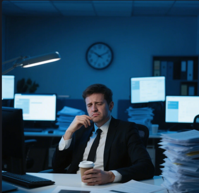 An overworked professional in a cluttered office, symbolizing the toll of hustle culture.