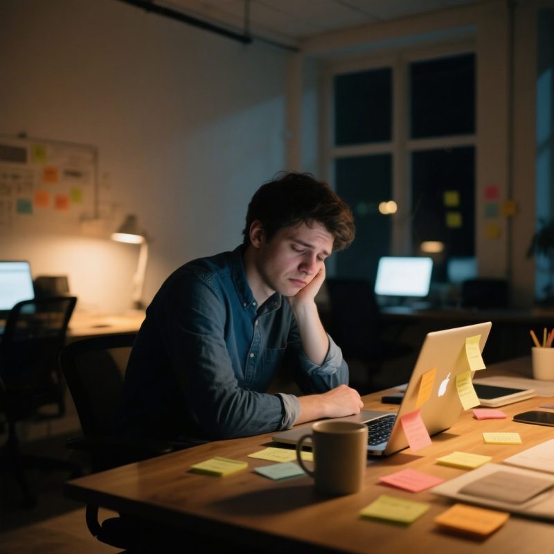 A young entrepreneur working late at night in a dimly lit workspace, sitting alone with tired posture and a focused expression, symbolizing the emotional weight of building a startup.
